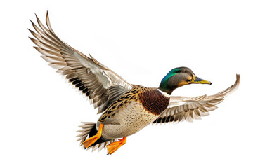 A mallard duck captured mid-flight