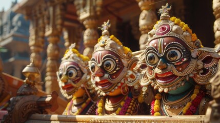 A close-up of the sacred idols of Lord Jagannath, Balabhadra, and Subhadra seated on the ornate chariots, ready for the Rath Yatra journey.