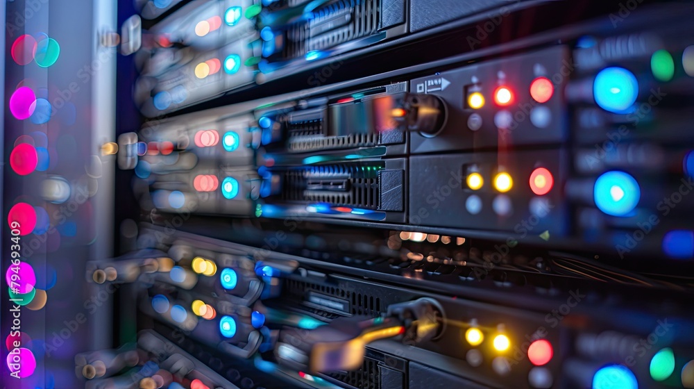 Poster Row of network servers with glowing LED lights