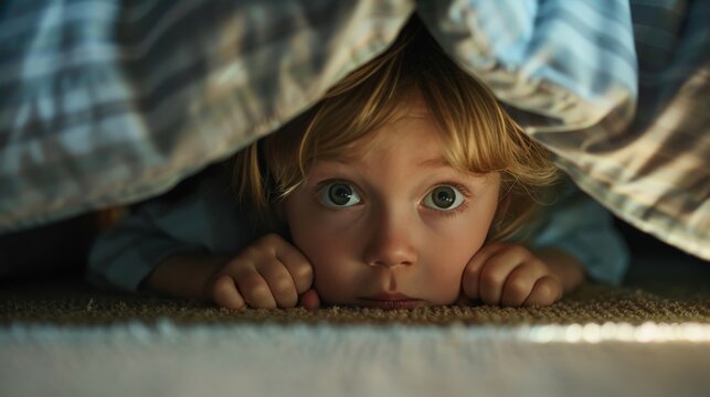 A child hiding under a bed during a family conflict, focus on worried eyes