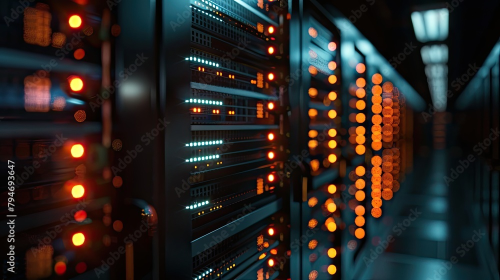 Poster row of network servers with glowing led lights