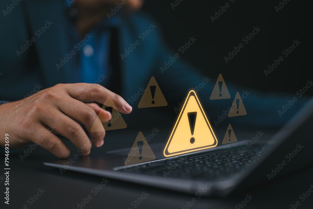 Poster system hacked warning alert. ransomware, virus, spyware, malware or malicious software, data breach,