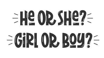 He or She, Girl or Boy Gender Reveal Party Quotes. Vector Hand Lettering of Pregnancy Baby Phrases.