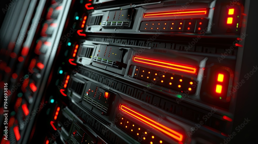 Aufkleber row of network servers with glowing led lights