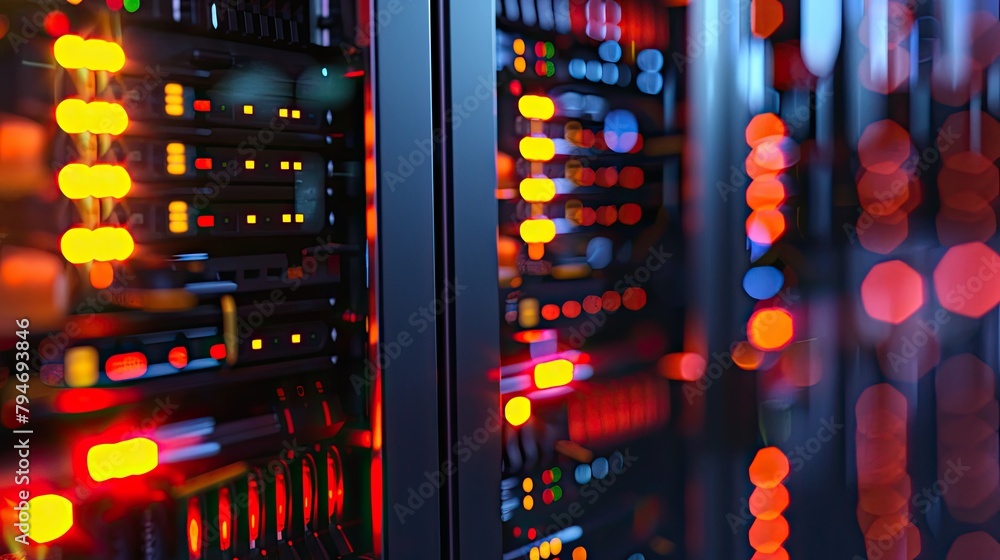 Poster row of network servers with glowing led lights