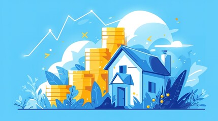 investment income mortgage home. on blue background. real estate trading up. coin stack arrow up with house. illustration flat design. 