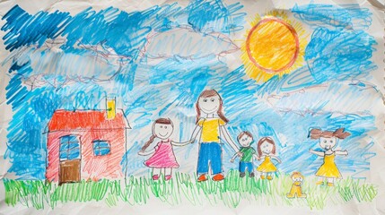 A child drawing of a happy family contrasted with a scene of parental strife