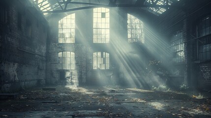 Sunlight filters through the broken windows of an abandoned building, casting long shadows on decayed walls and dusty floors