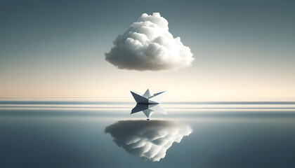 a small paper boat on a vast, reflective silver lake under a sky dominated by a large cloud shaped like a crown. 