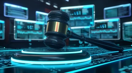 Fototapeta na wymiar Law Meets Innovation: Futuristic Gavel on Holographic Podium with Digital Screens Showing AI Code and Data, Symbolizing the Fusion of Law and Technology in a Modern Courtroom