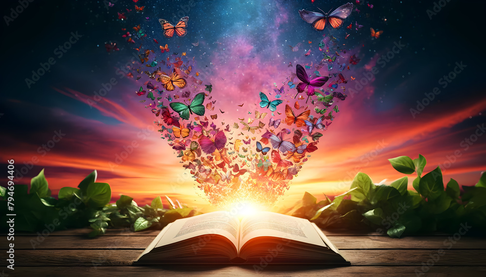 Poster an open book with pages transforming into a spectrum of colorful butterflies, flying towards a radia