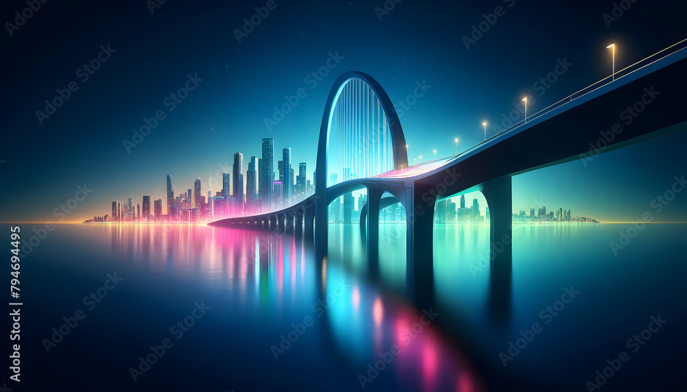 Poster a sleek modern bridge extending over shimmering water, illuminated by multicolored lights under a twilight sky.