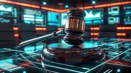 Law Meets Innovation: Futuristic Gavel on Holographic Podium with Digital Screens Showing AI Code and Data, Symbolizing the Fusion of Law and Technology in a Modern Courtroom