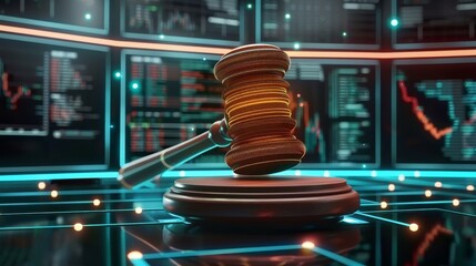 Law Meets Innovation: Futuristic Gavel on Holographic Podium with Digital Screens Showing AI Code and Data, Symbolizing the Fusion of Law and Technology in a Modern Courtroom
