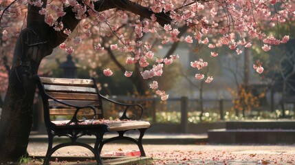 A lone bench under a cherry blossom tree offers the perfect spot to witness the stillness of the morning and the beauty of the monastery in perfect harmony. 2d flat cartoon. - obrazy, fototapety, plakaty
