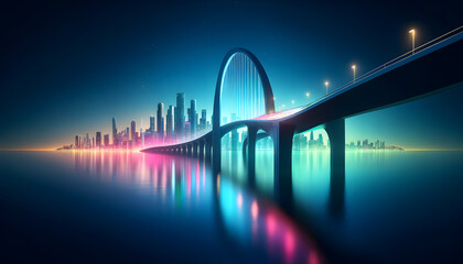 a sleek modern bridge extending over shimmering water, illuminated by multicolored lights under a twilight sky.