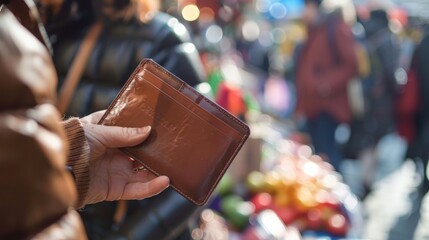 A close-up of a hand snatching a wallet from an open purse in a crowded market