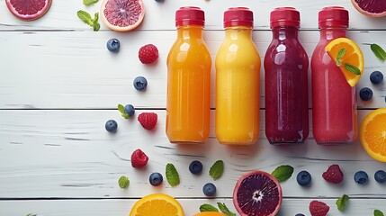 Bottles of Fruits smoothies with various ingredients on white wooden background, top view, Superfoods and healthy lifestyle or detox diet food concept