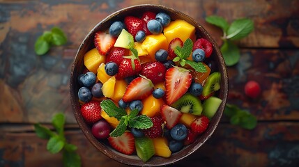Bowl of healthy fresh fruit salad on wooden background, Top view