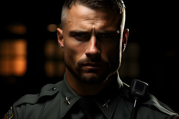 semi wide shot up of a handsome american sergeant sharp haircut, warm friendly face, clean, looking into the camera, strength, masculinity, pride