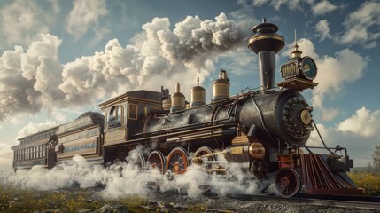 Obraz premium Retro steam train locomotive of the early 19th century, steam locomotive in 1802.