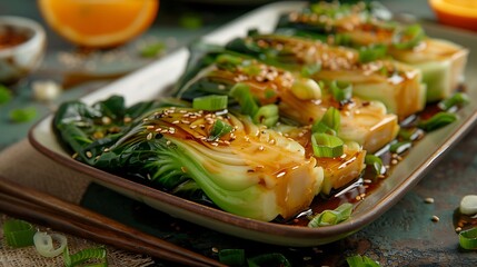 Braised bok choy cabbage with ginger, soy sauce and red orange juice - obrazy, fototapety, plakaty