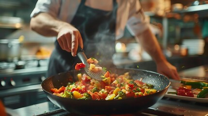 Caucasian male chef frying cut vegetables in pan in restaurant kitchen, copy space