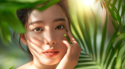 Fototapeta premium A portrait of an Asian woman with a beautiful face and healthy facial skin. Beauty portrait of young Asian women on light and shadow background.
