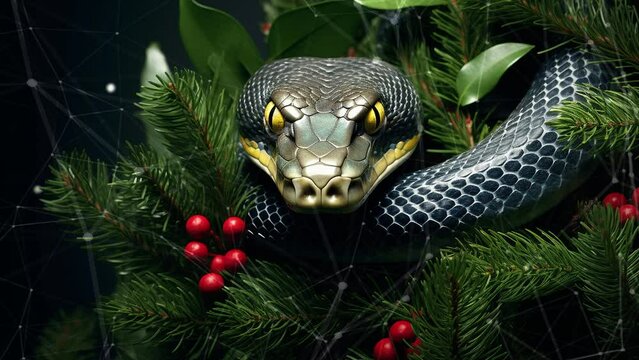Green tree snake on a green background with Christmas tree branches. Background with flying patterns. Generative AI.