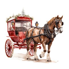 Horse drawn carriage with Christmas tree. Watercolor illustration isolated on white background