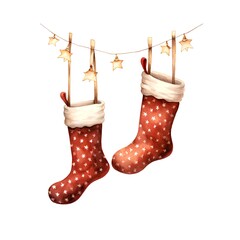 Watercolor christmas sock isolated on white background. Hand drawn illustration