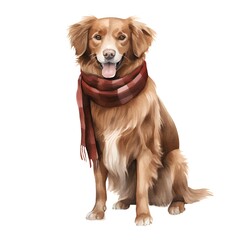 Watercolor portrait of a dog in a scarf. Isolated on white background.