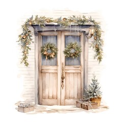 Watercolor Christmas greeting card with wooden door and christmas decorations.