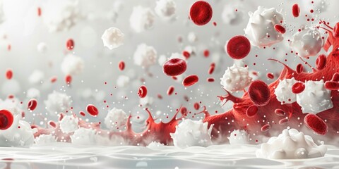 Background illustration of blood cancer disease concept with white blood cells attacking red blood cells. Biology science information presentation slide