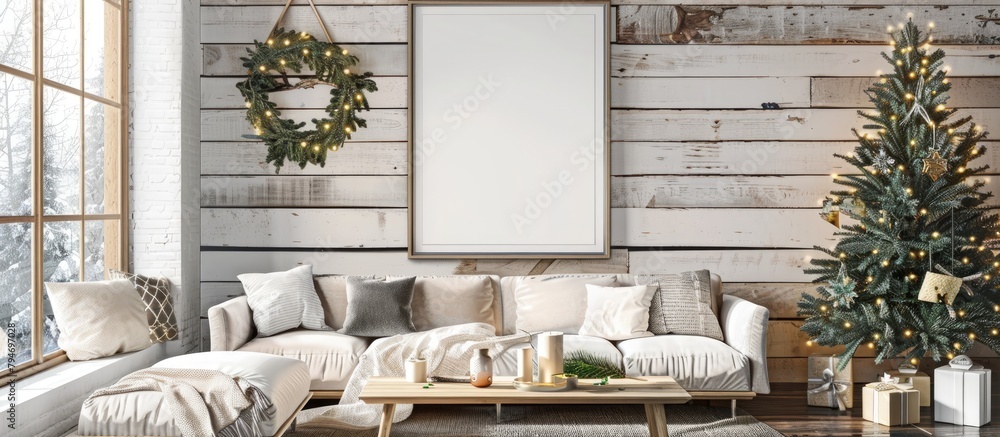 Wall mural christmasdecorated living room with couch, coffee table, and tree