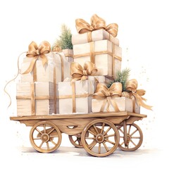 Pile of Christmas gifts in wooden cart. Watercolor illustration.