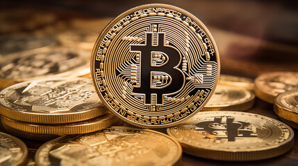 Bitcoin & Cryptocurrency, Coins from various currencies and denominations, including one-dollar and euro cent coins, representing financial concepts, banking, business, and wealth in the market