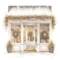Watercolor illustration of a shop front with christmas decorations and gifts