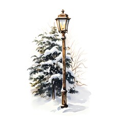 Watercolor illustration of a street lamp on a snowy winter street.