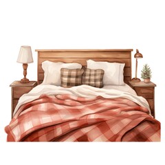 Wooden double bed with plaid and pillows vector illustration.