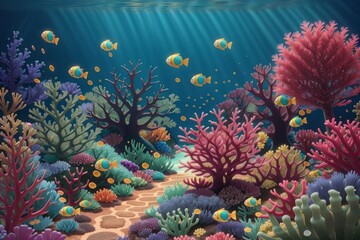 Fototapeta na wymiar Cartoon-like colorful scene of coral reef with school of fish and red corals. Sun rays create mystical light.