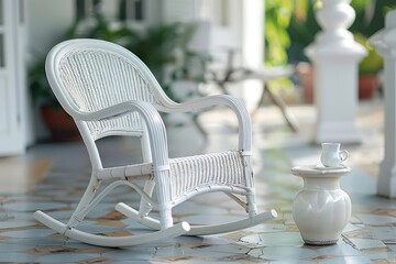 white wicker rocking chair on a patio with a cup of coffee on the side table.