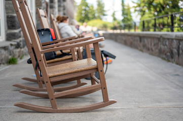 rocking chairs on the outdoor walkway of the lodge overlooking Crater Lake National Park