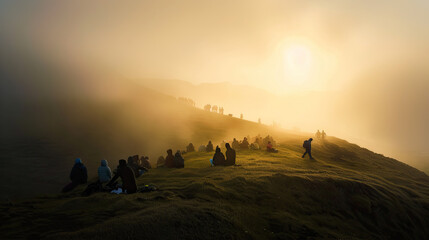 sunset rises, icelandic volcano, in the mist, the tourist crowd rejoiced at the brisk pace, some people sit on the grassy slopes and rest, authentic photography style , stock photographic style - obrazy, fototapety, plakaty