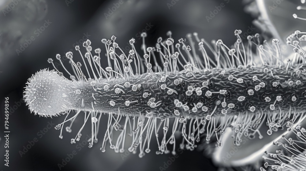 Poster a microscopic image of a pollen grain interacting with the surface of a flower. the elongated grain 