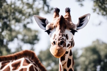 'upside look white head long giraffe fun cool isolated on funny down neck hang up high horned wild...