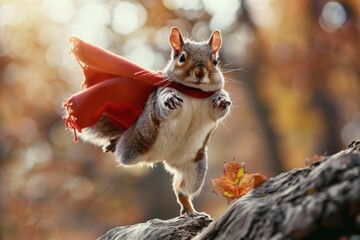 Squirrel with a red cape on a rock A gallant squirrel dons a flowing red cape, standing atop a rocky outcrop. - obrazy, fototapety, plakaty