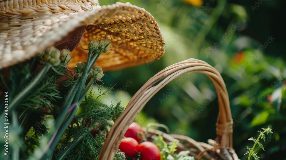 Wall mural Tomatoes and hat in garden