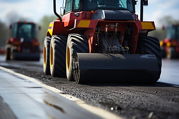 Truck on road construction site, close up view. Road repair