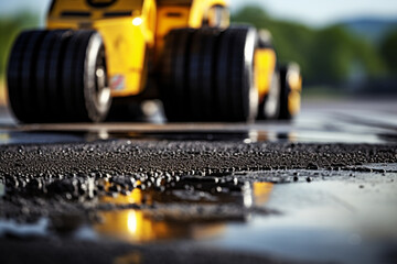Truck on road construction site, close up view. Road repair